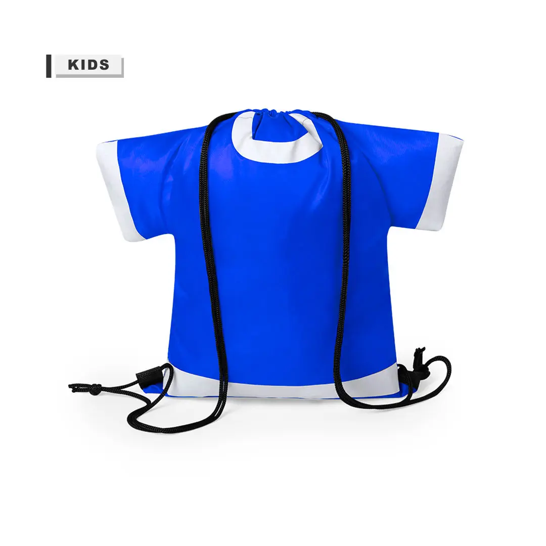Mochila de cuerdas para niños con diseño de camiseta azul y detalles blancos