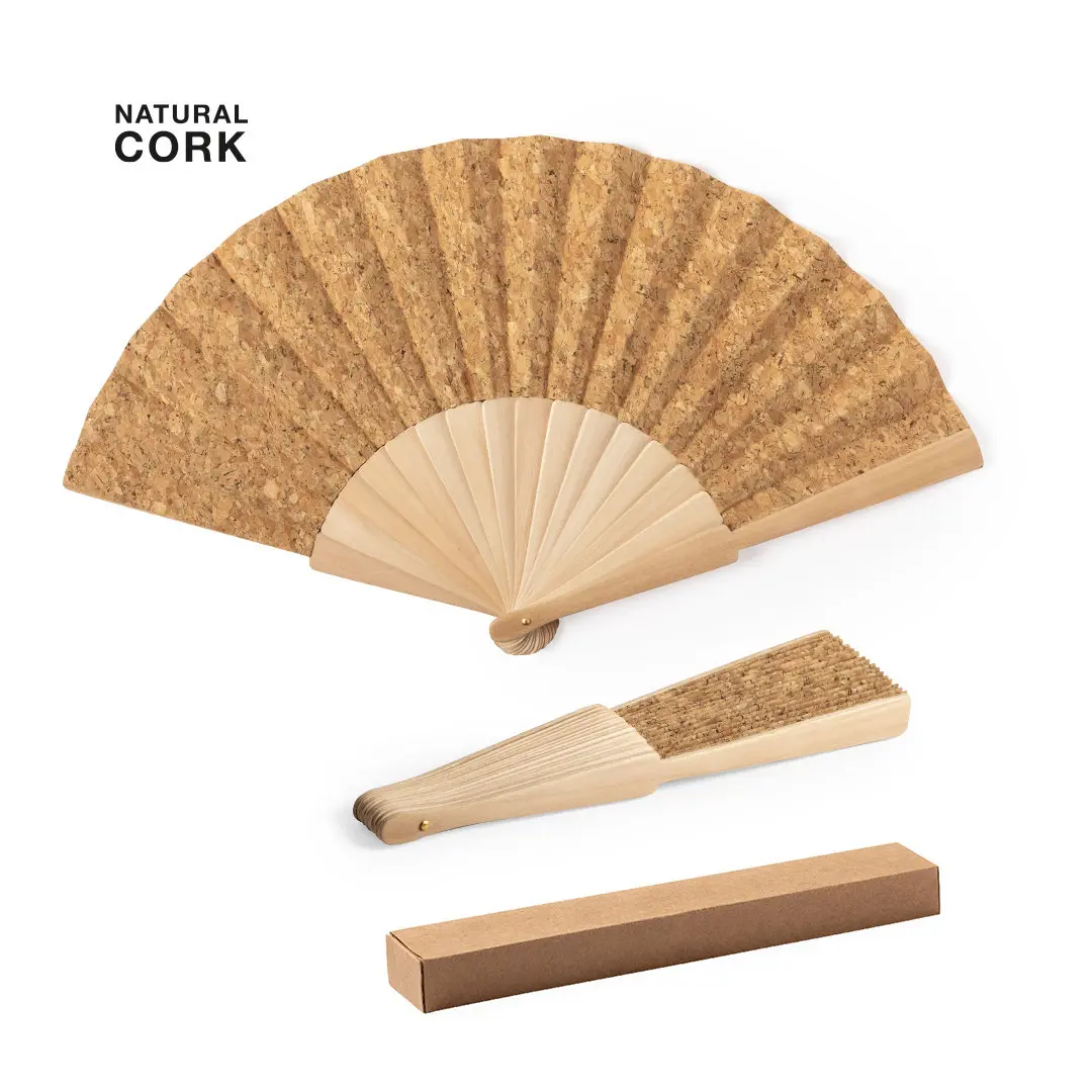 Abanico plegable de corcho natural con varillas de madera y estuche rectangular sencillo