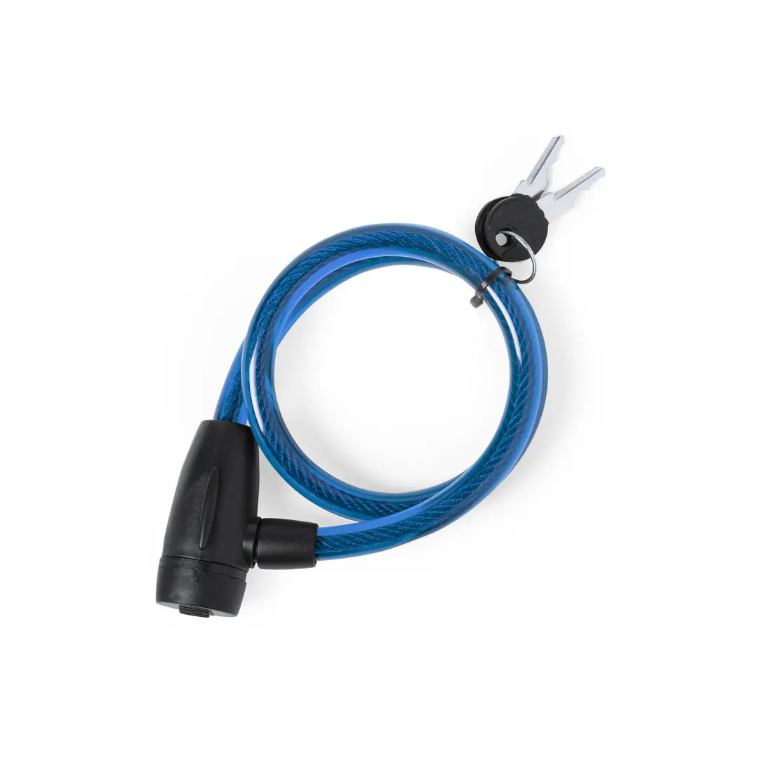 Candado de cable de acero recubierto en azul con dos llaves