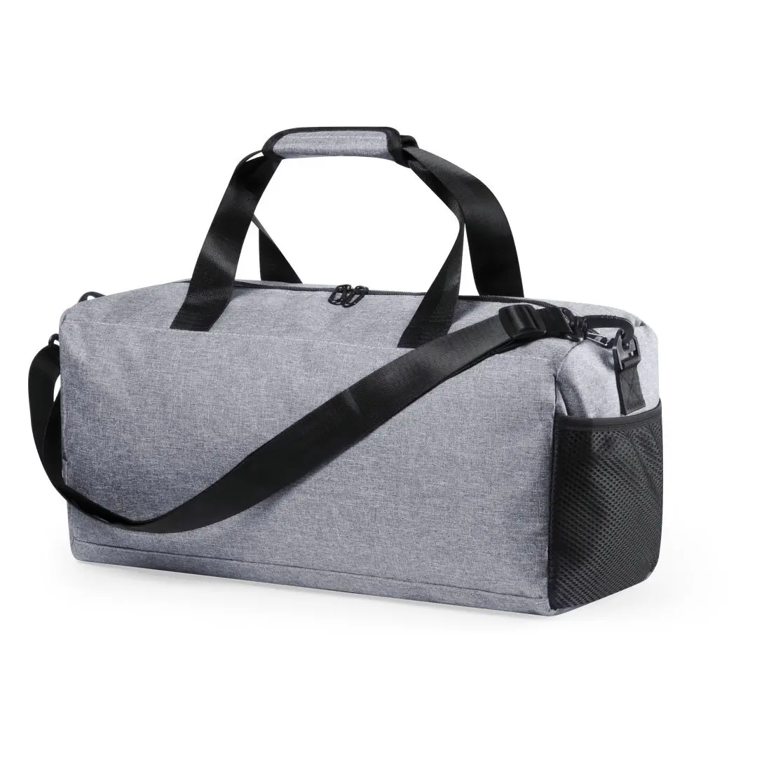 bolsa deportiva gris con asas y correa ajustable, bolsillo lateral de malla para botella