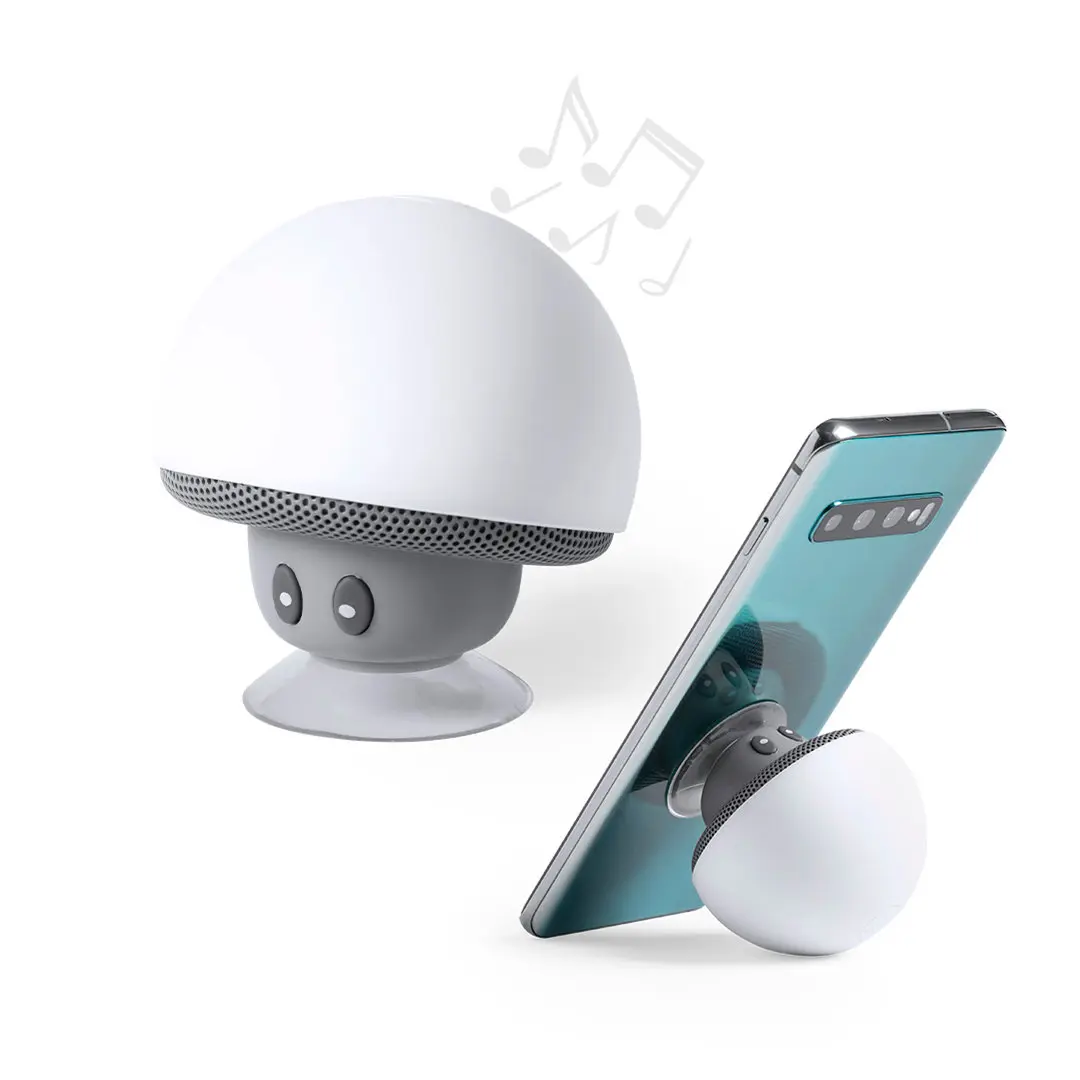 Altavoz Bluetooth en forma de hongo con base de ventosa que sostiene un smartphone