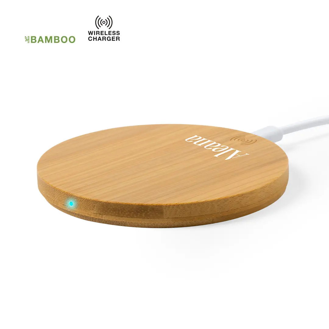 cargador inalámbrico redondo de bambú con indicador LED y cable USB
