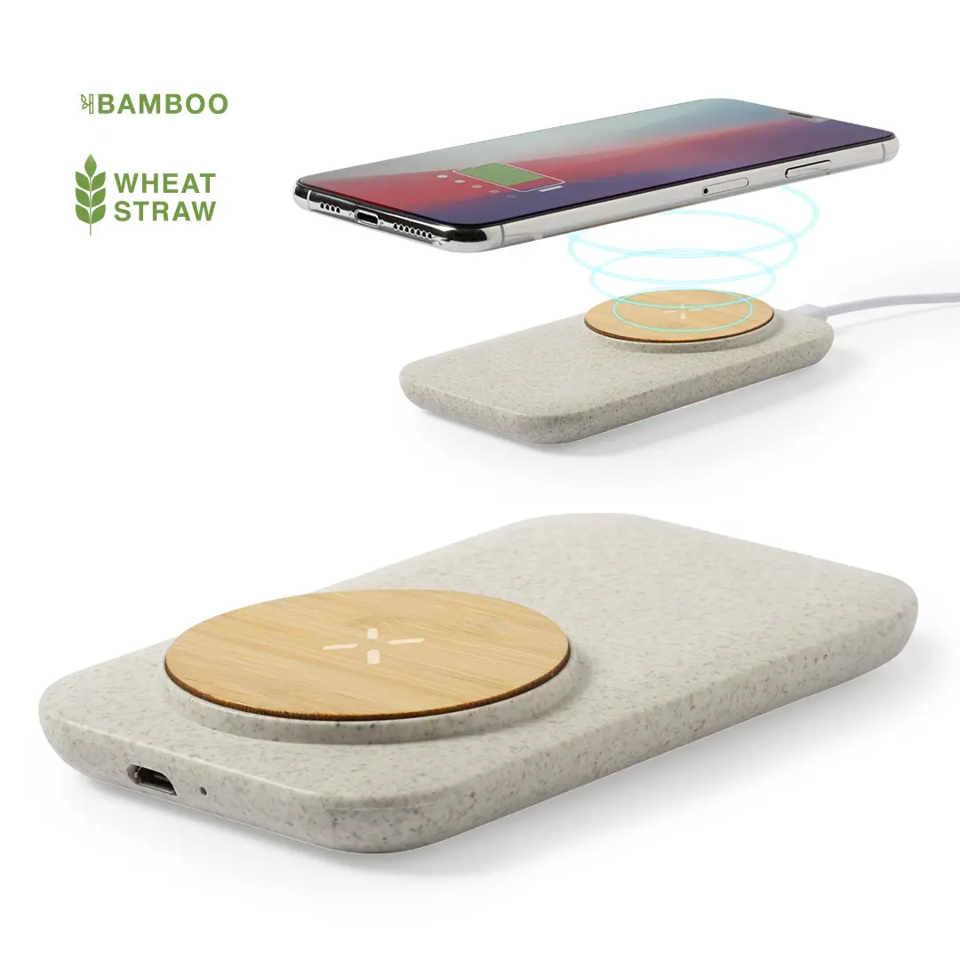 base de carga inalámbrica ecológica con superficie de bambú y paja de trigo cargando un smartphone en levitación