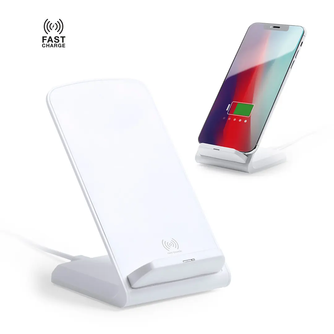 base de carga inalámbrica rápida en soporte vertical blanco con un smartphone en carga
