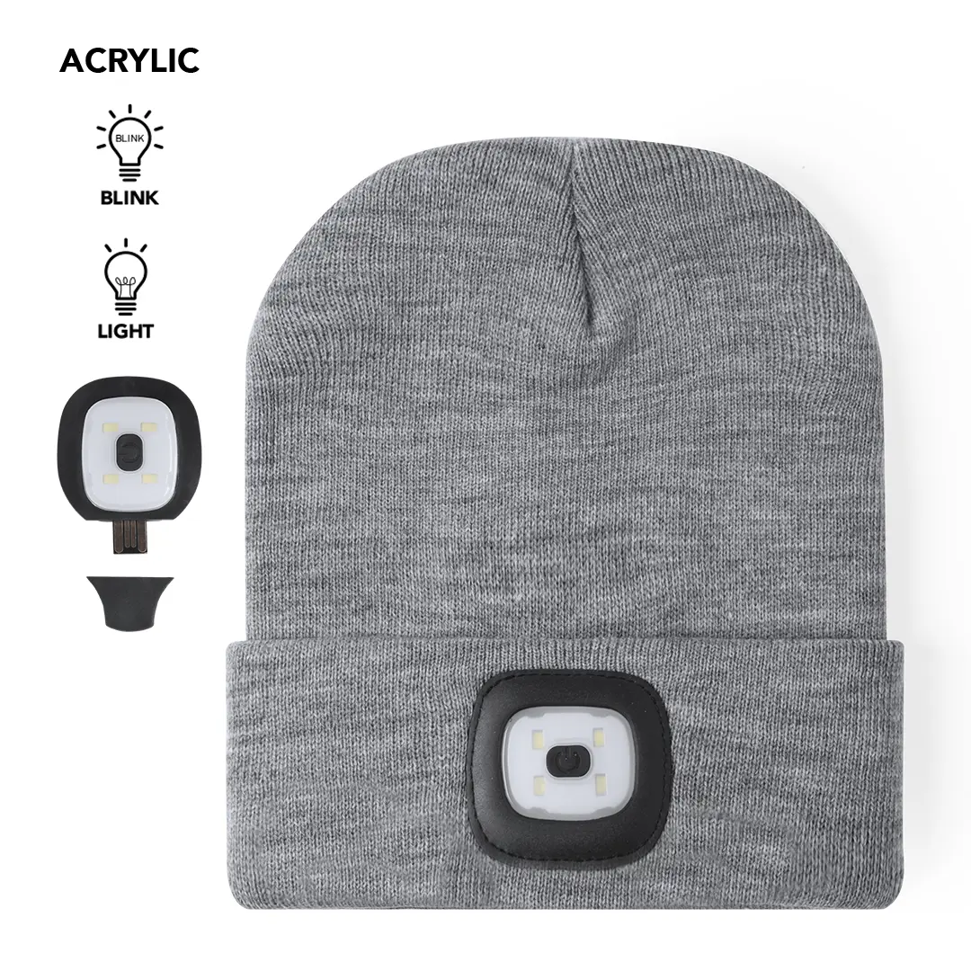 Gorro de punto acrílico gris con luz LED frontal extraíble y módulo intercambiable