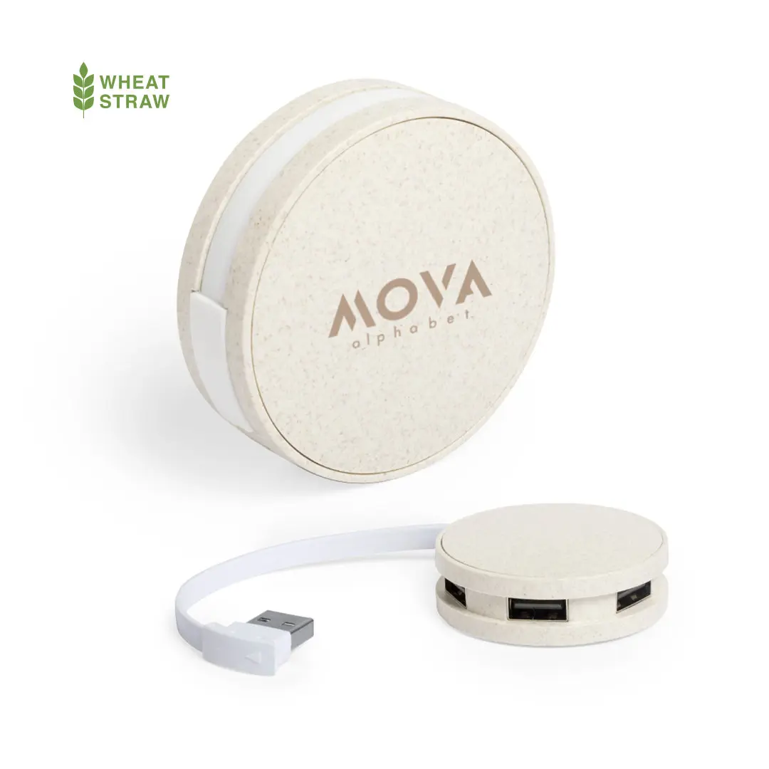 Hub USB circular de paja de trigo con cable retráctil y cuatro puertos, modelo Mova Alphabet