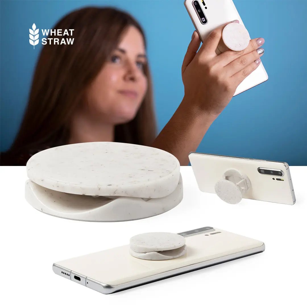 Soporte plegable de paja de trigo en smartphone usado como agarre y para selfies.