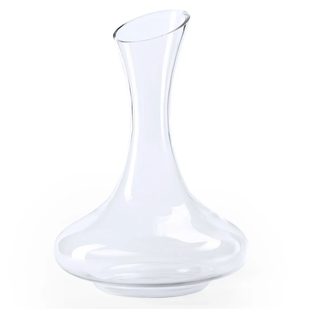 Decantador de cristal transparente con base ancha y cuello estrecho sobre fondo blanco