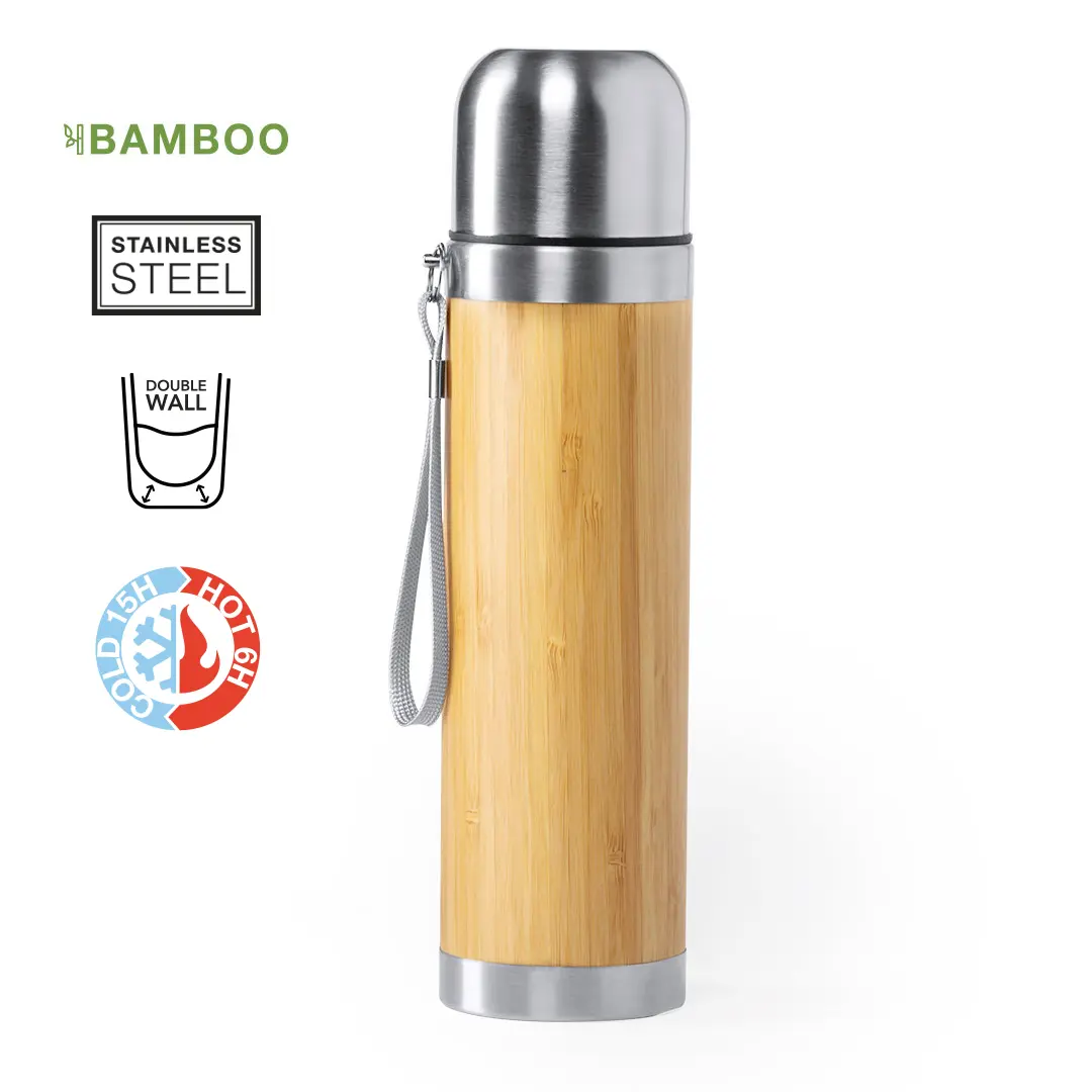 Botella termo de acero inoxidable con revestimiento de bambú y doble pared, mantiene frío 15 h y calor 6 h.