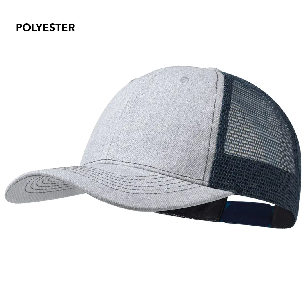 gorra trucker de poliéster gris con rejilla trasera azul marino ajustable