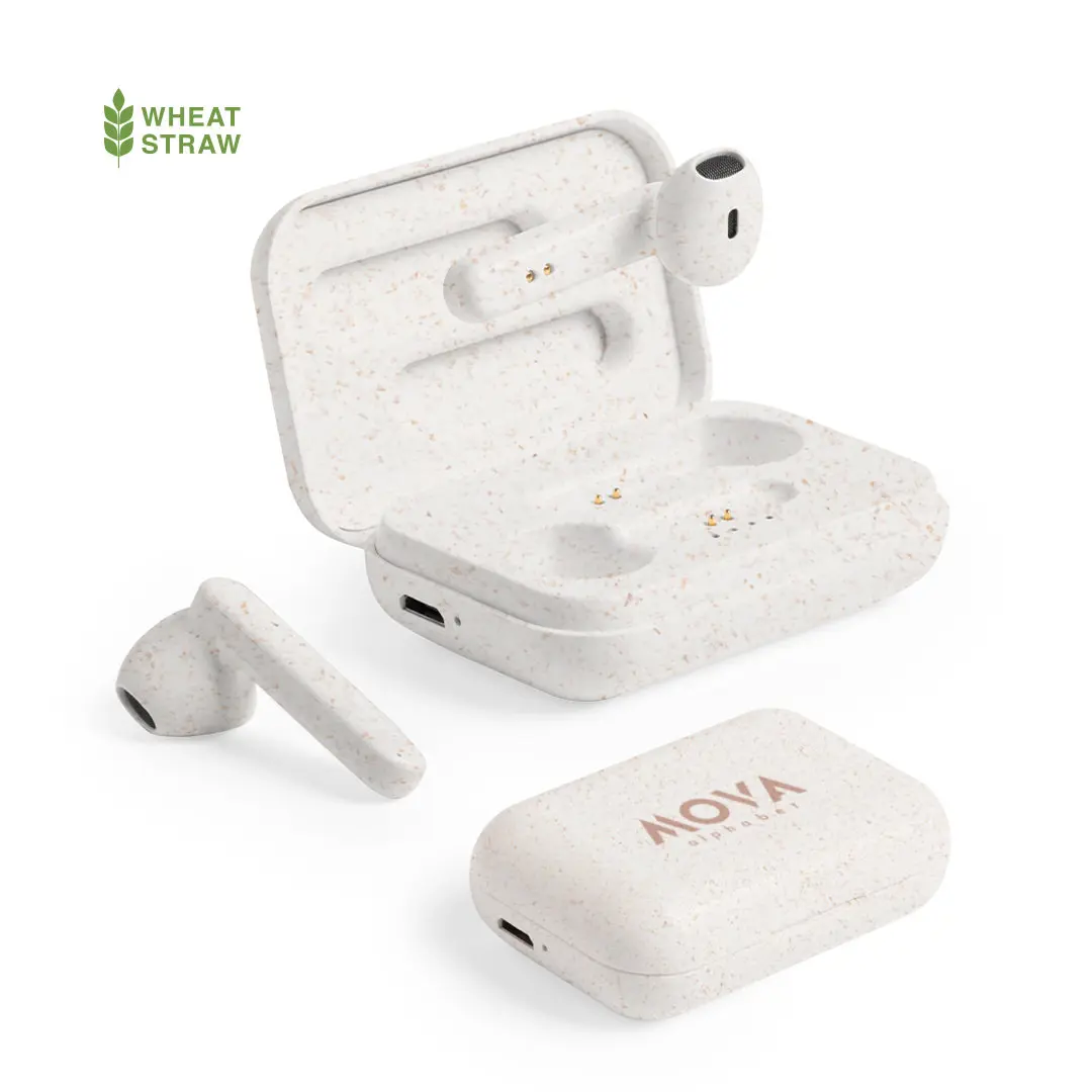 auriculares inalámbricos de paja de trigo con estuche de carga abierto