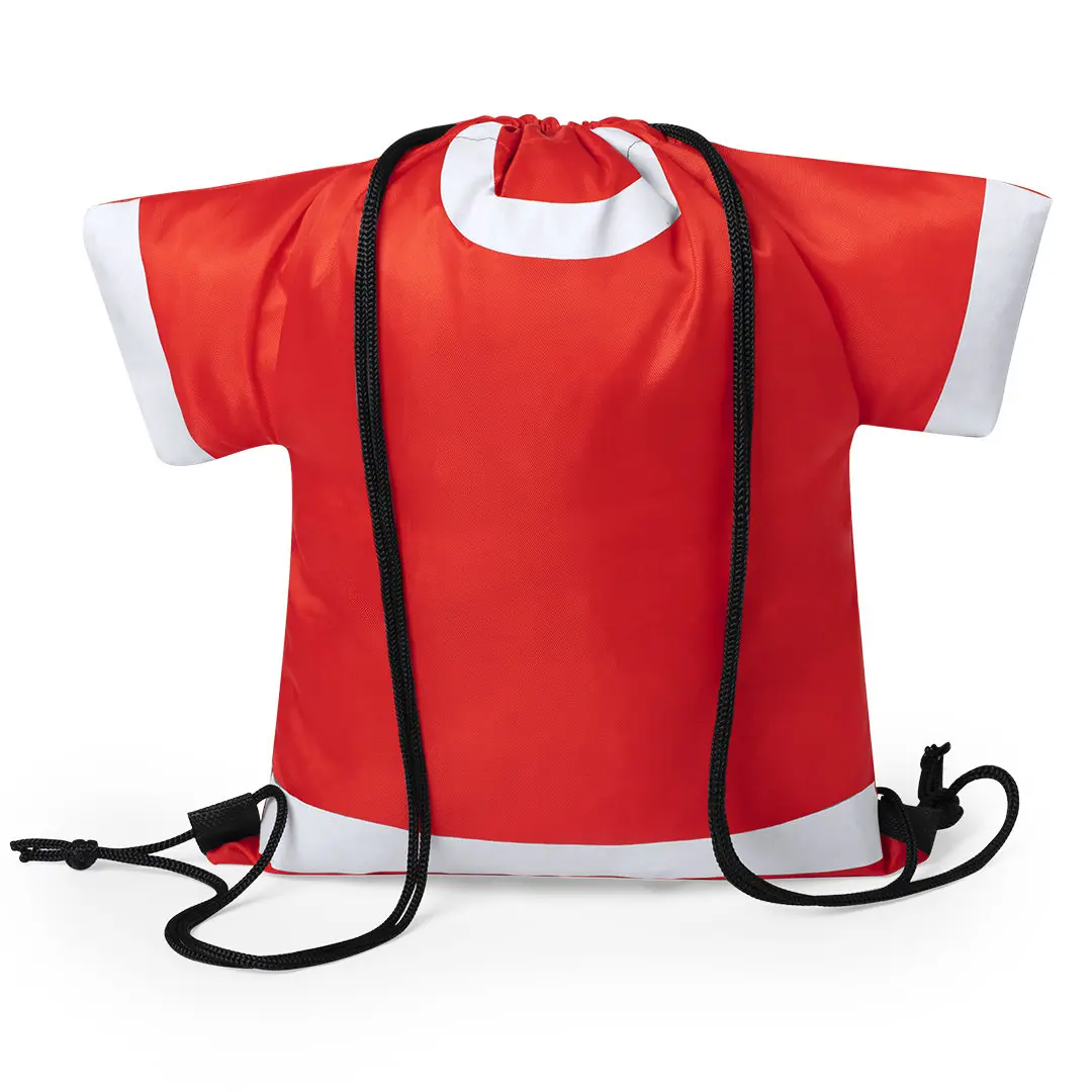 mochila de cordón en forma de camiseta roja con ribetes blancos y cuerdas negras
