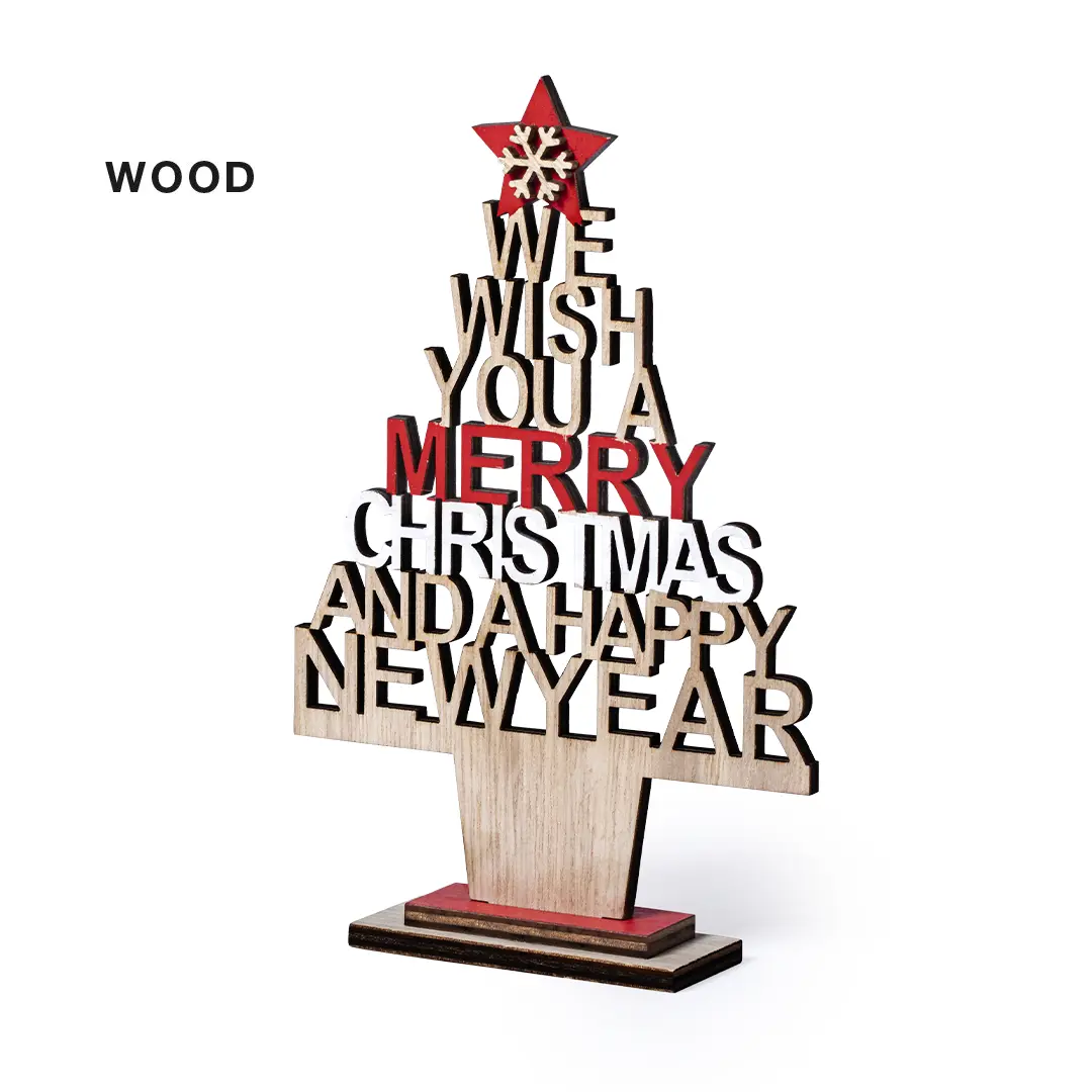 Adorno navideño de madera con forma de árbol, estrella roja y el texto We wish you a Merry Christmas and a Happy New Year
