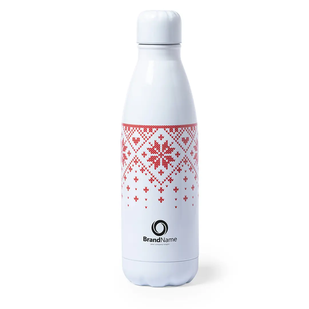 Botella isotérmica blanca con estampado nórdico rojo y logotipo de la marca