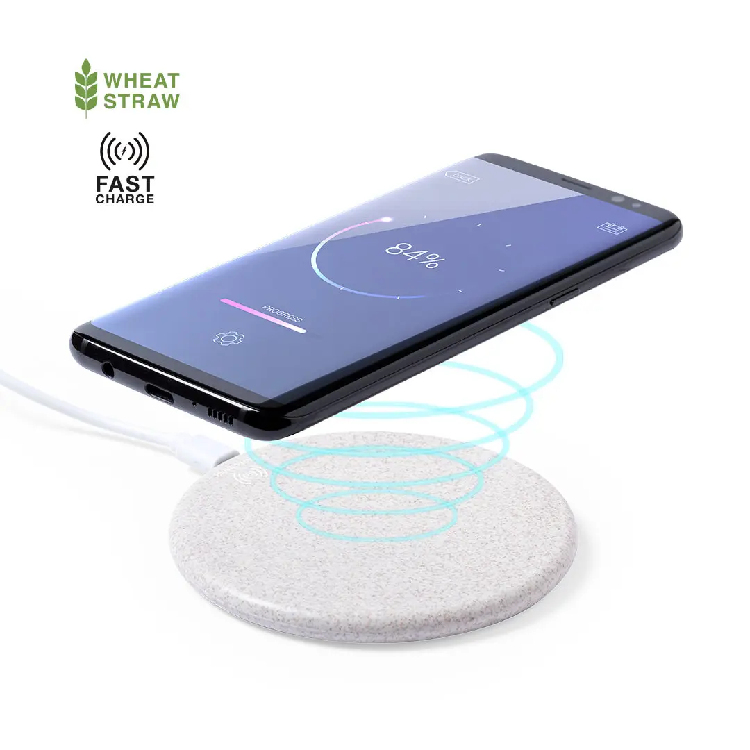 Base de carga inalámbrica rápida de fibra de trigo con un smartphone encima mostrando el 84 % de batería