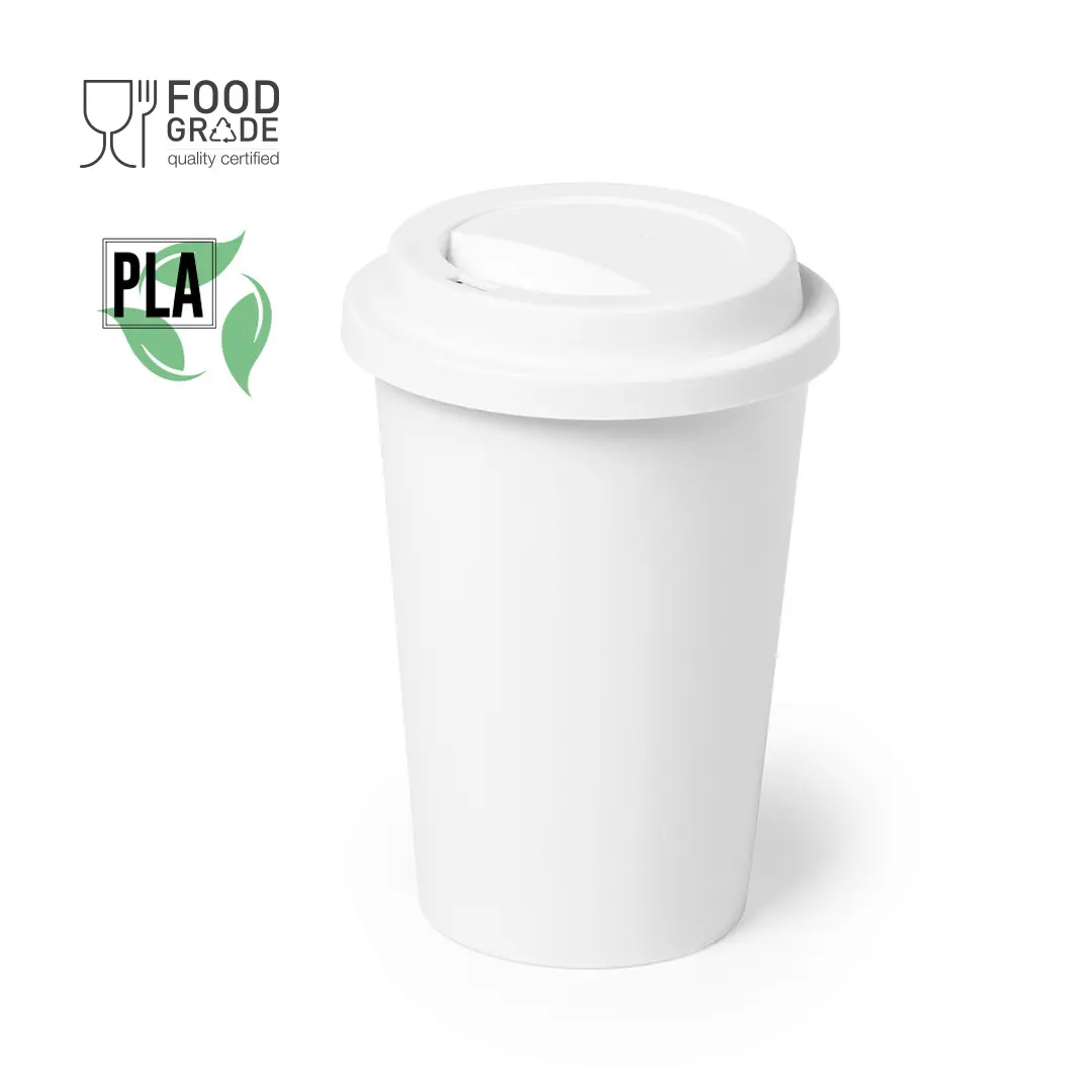 Vaso desechable blanco con tapa de bioplástico PLA y sello food grade
