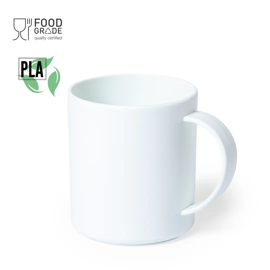 taza blanca de PLA certificada para uso alimentario sobre fondo blanco