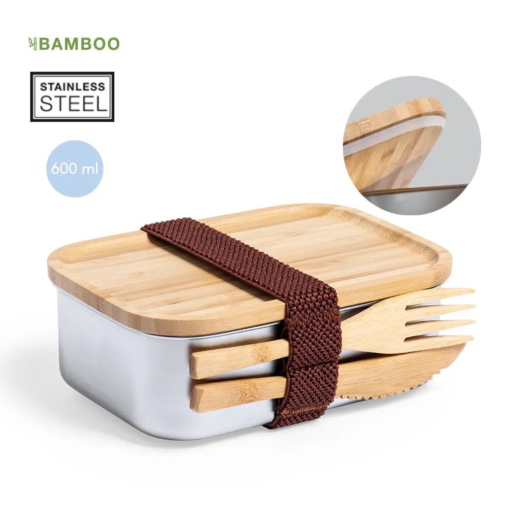 Fiambrera de acero inoxidable de 600 ml con tapa de bambú y cubiertos sujetos por correa.