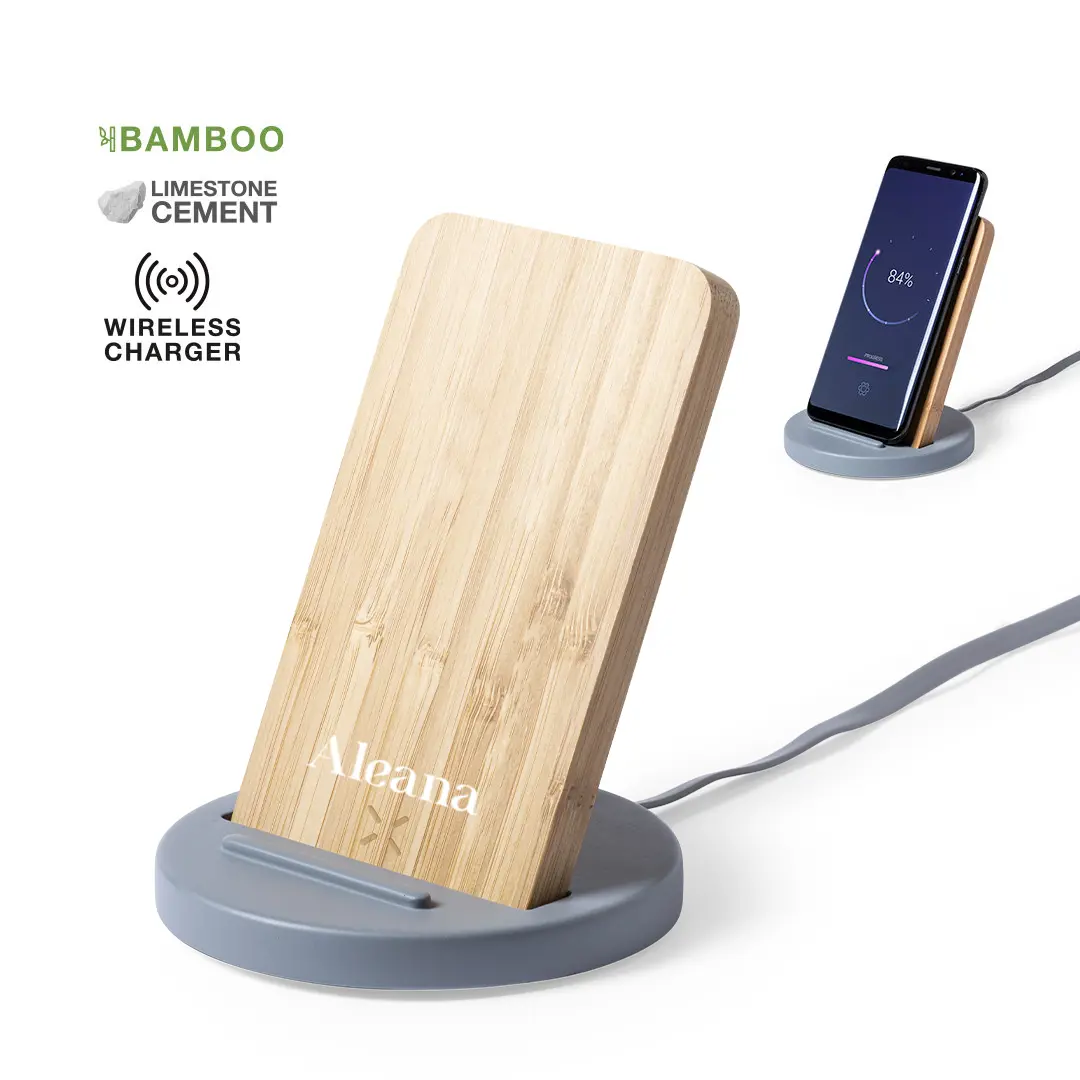 base de carga inalámbrica de bambú y cemento con un smartphone apoyado y cargando