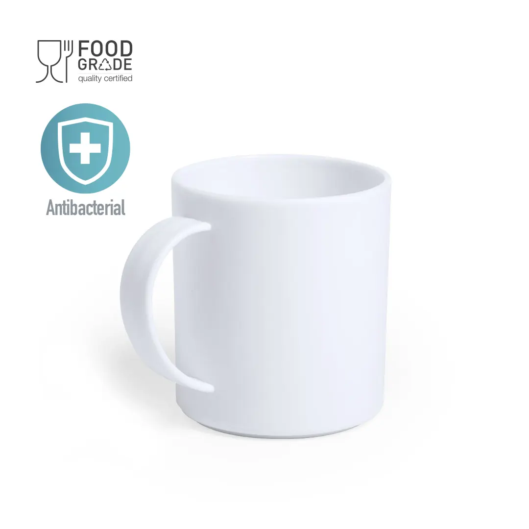 Taza blanca antibacteriana con certificado de calidad alimentaria