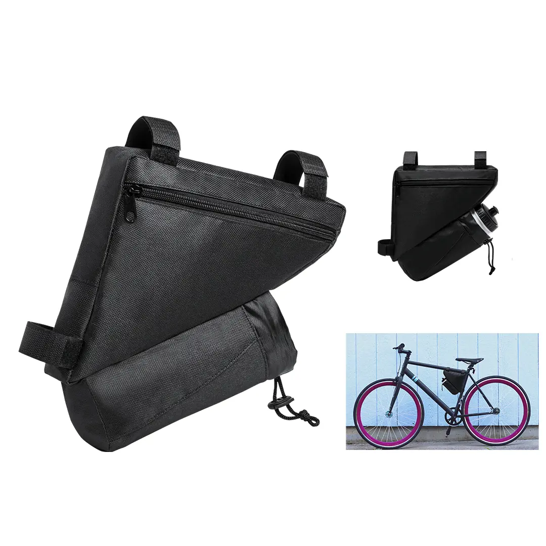 Bolsa triangular negra para cuadarro de bicicleta con cierre de cremallera y soporte inferior para bidón