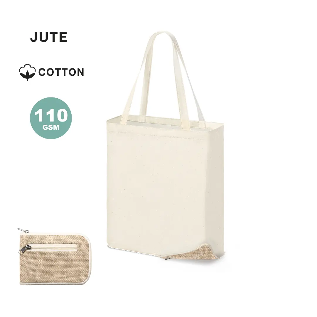 Bolsa tote de algodón crudo con base de yute y monedero a juego de 110 GSM.