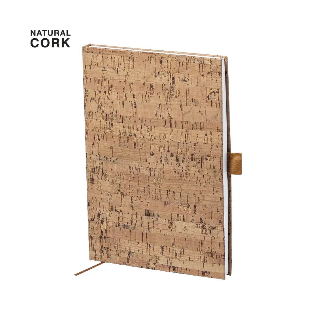 Cuaderno con tapa de corcho natural, cinta marcador y soporte para bolígrafo.