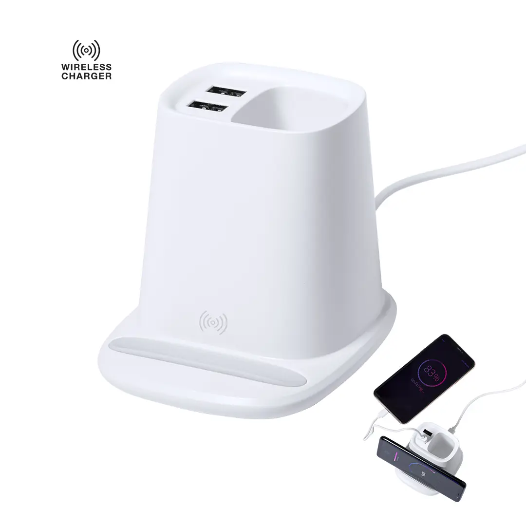 Cargador inalámbrico blanco con soporte vertical y dos puertos USB para móvil.