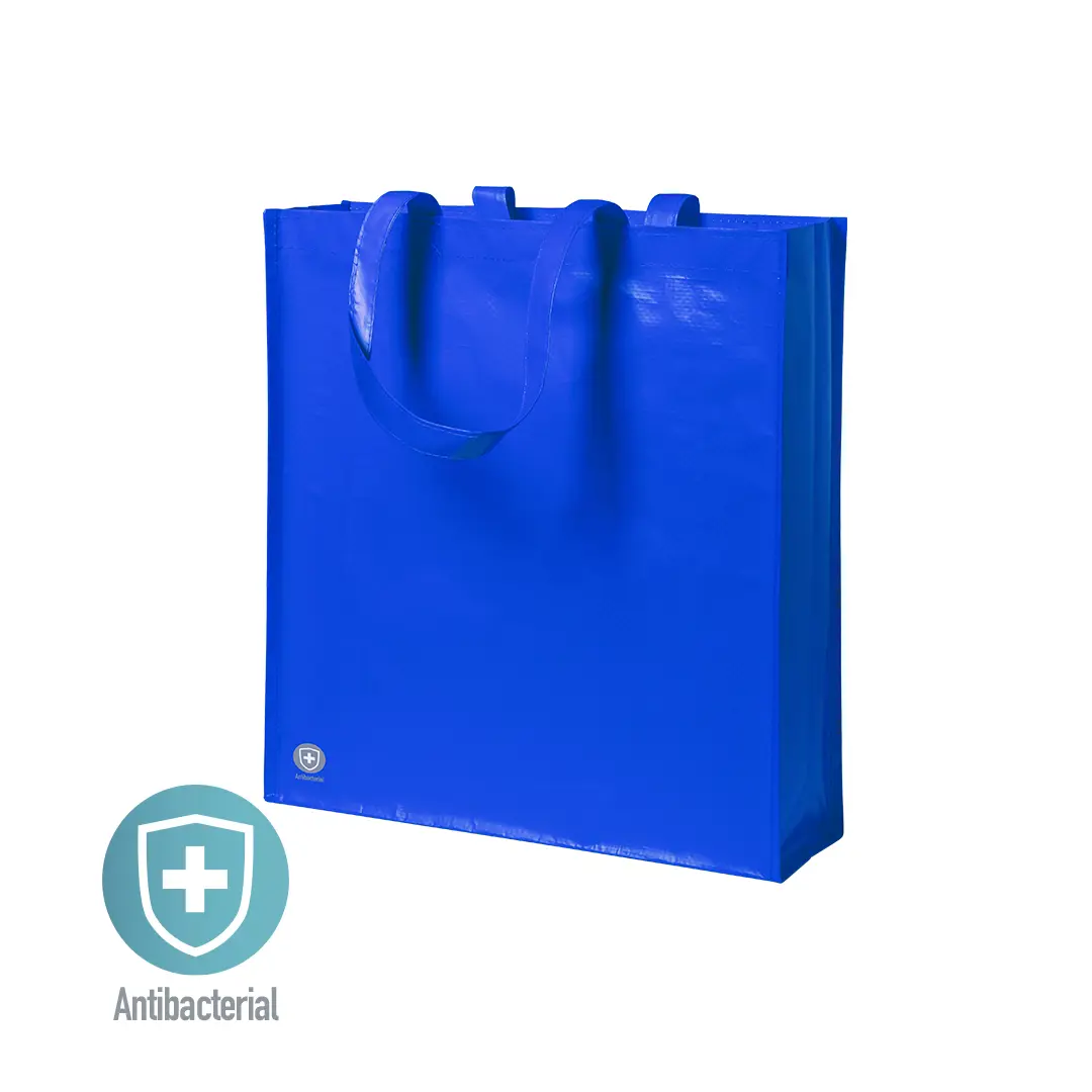 Bolsa reutilizable azul con asas y logotipo de protección antibacterial.