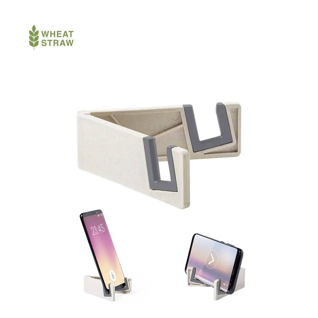 Soporte plegable de paja de trigo para smartphone en vertical y horizontal, color beige con detalles grises