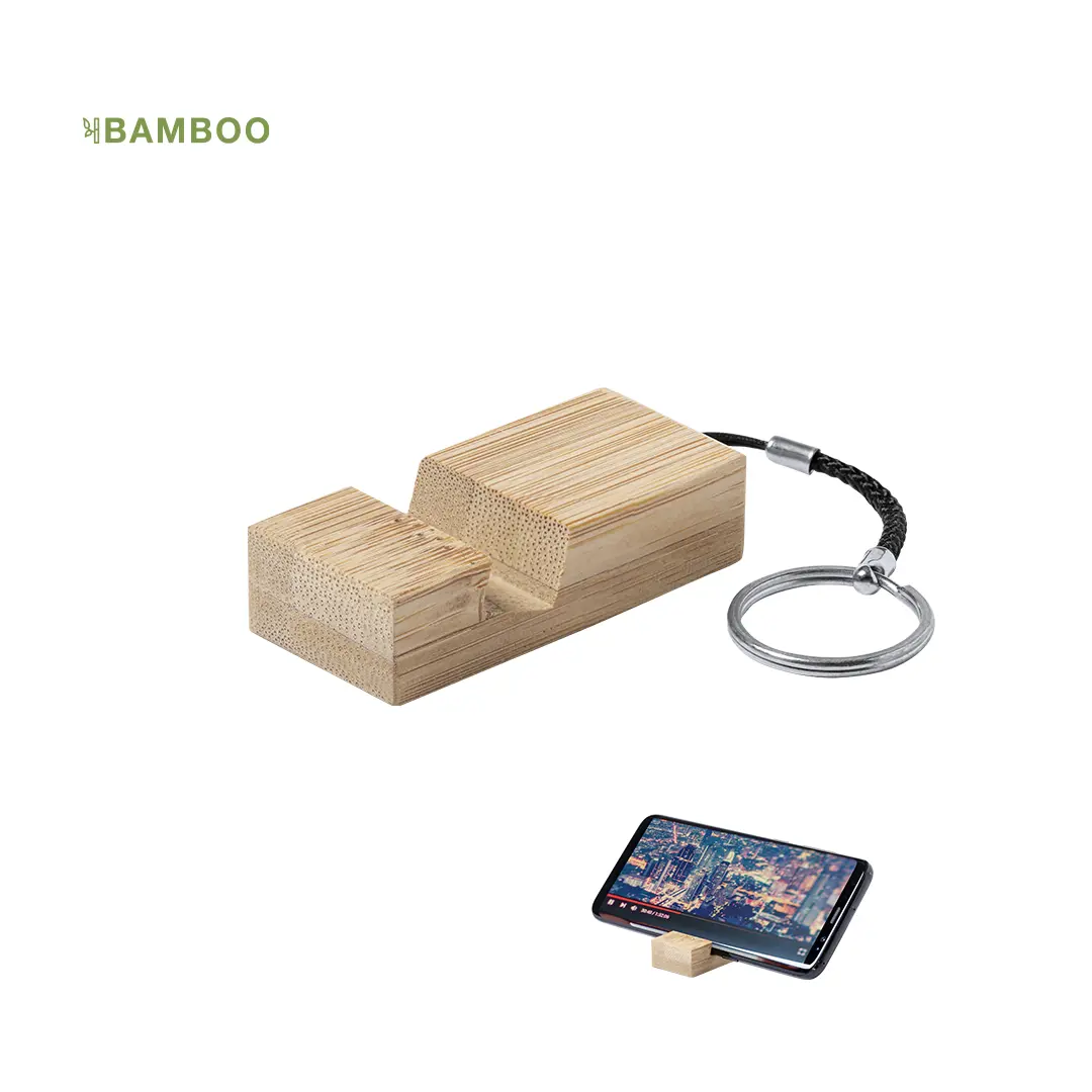 Soporte portátil de bambú con llavero para sujetar el teléfono en horizontal