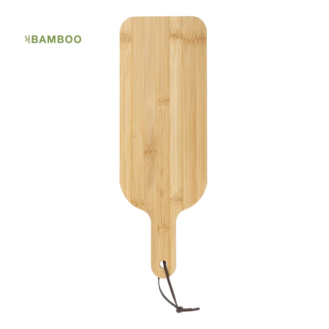 Tabla de cortar de bambú rectangular con mango y cordón de suspensión