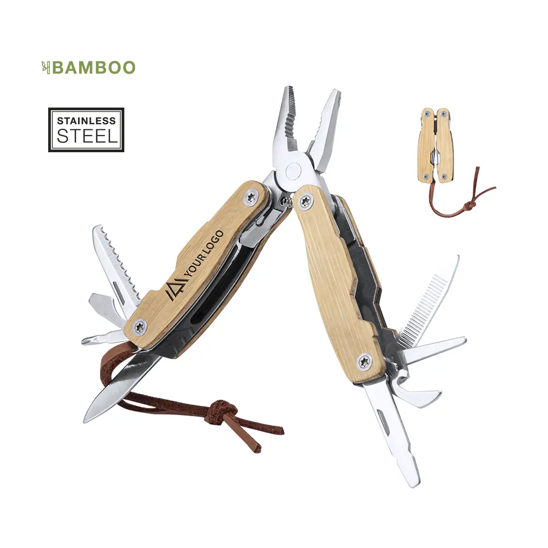 multiherramienta plegable de acero inoxidable con mango de bambú y varios accesorios desplegables.