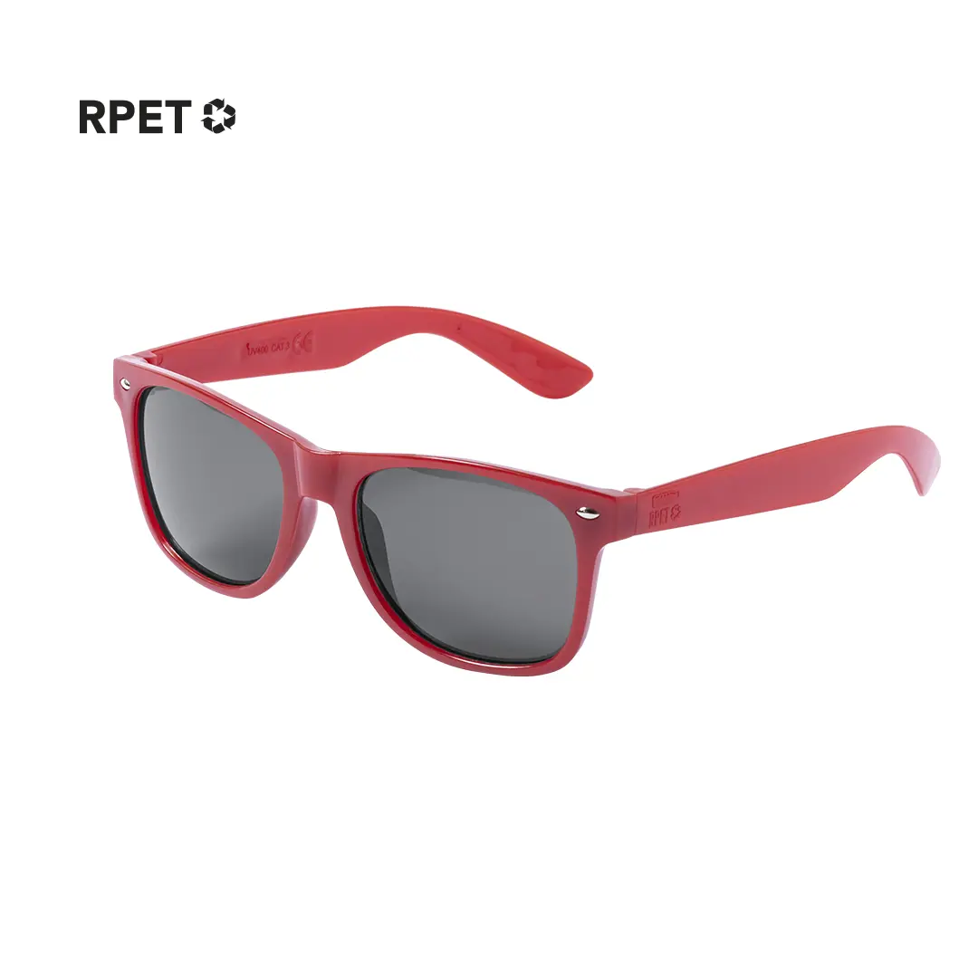 gafas de sol con montura roja de material reciclado RPET y lentes oscuras