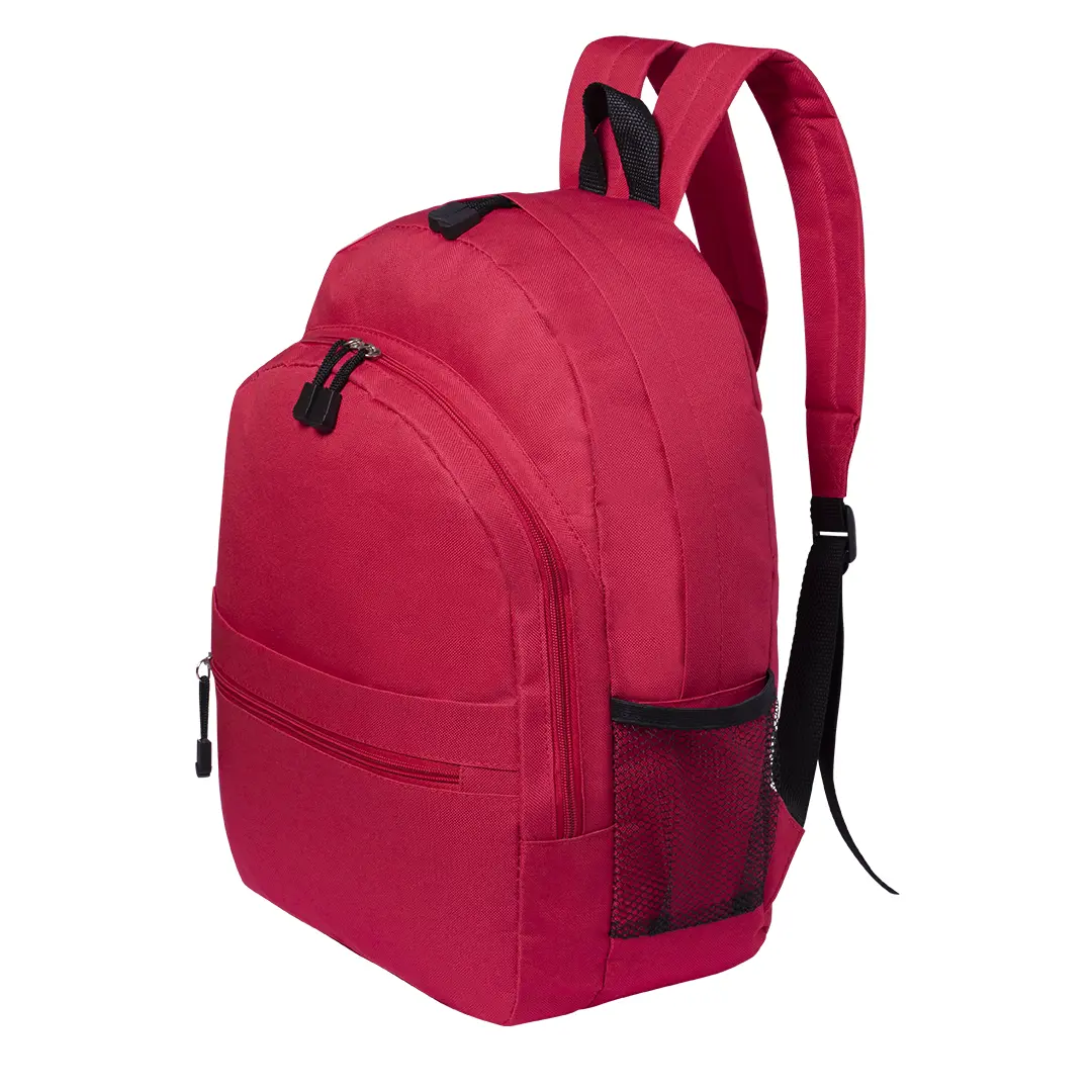 mochila roja con varios compartimentos frontales y bolsillo lateral de malla