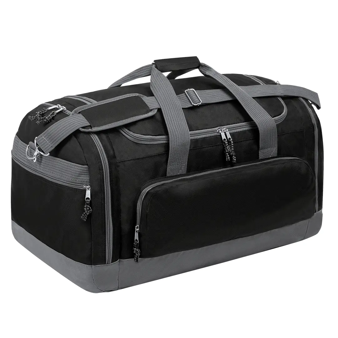 bolsa de viaje y deporte negra con base y detalles grises, múltiples bolsillos con cremallera y correa ajustable