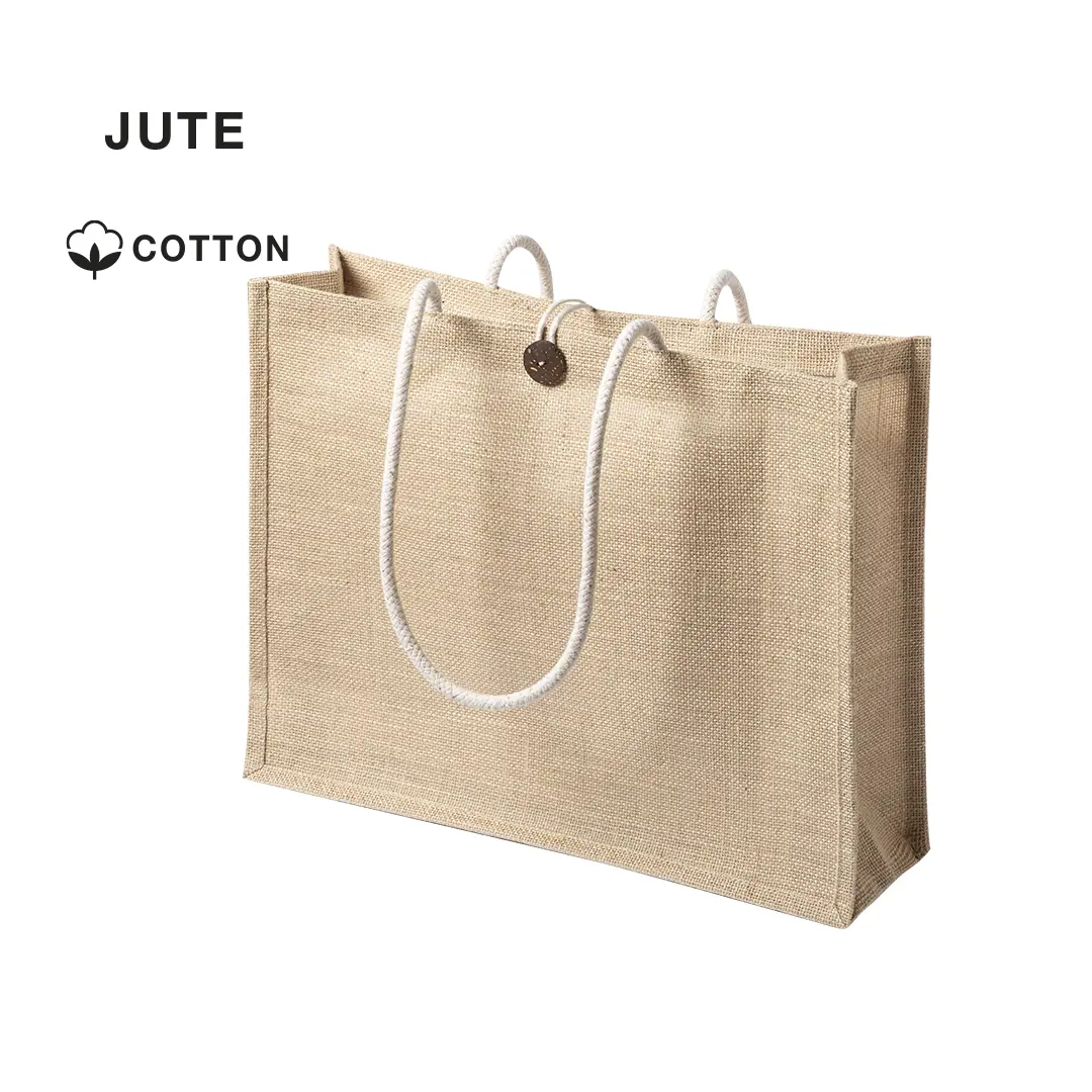 Bolsa tote de yute natural con asas de cuerda blanca