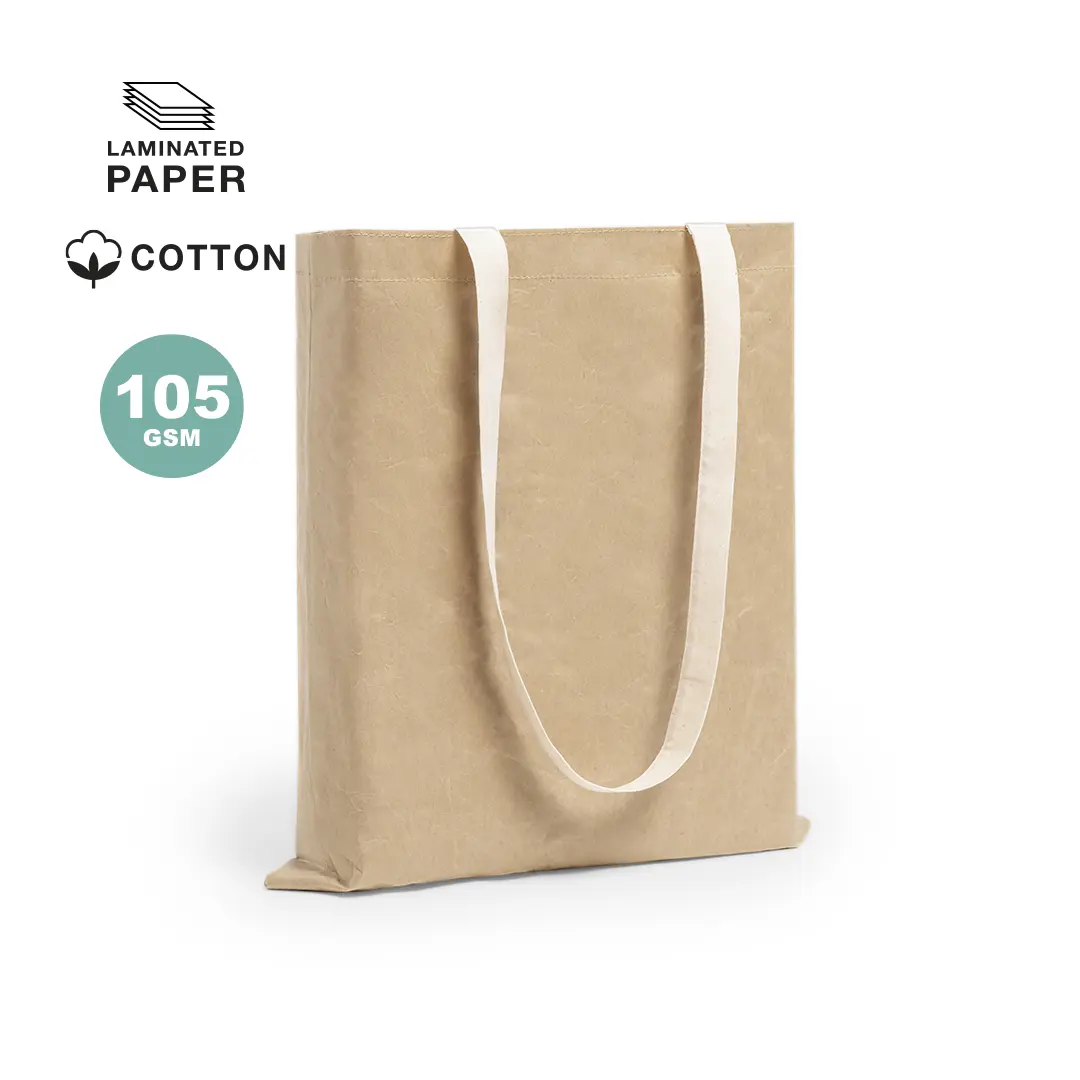 bolsa tote color kraft de papel laminado con asas de algodón blancas y grosor de 105 GSM