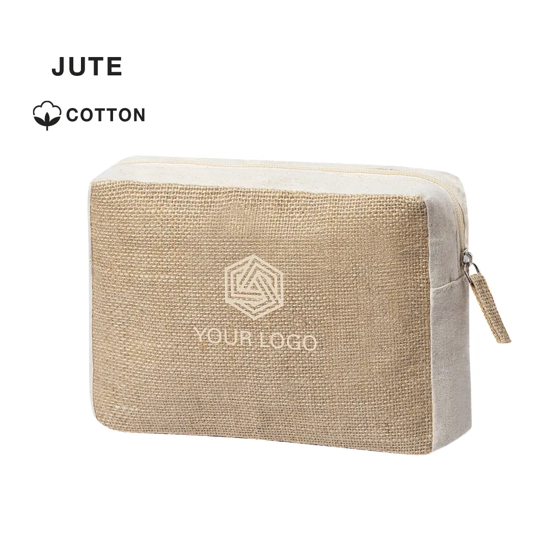 neceser rectangular de yute y algodón con cremallera y espacio para logo personalizado