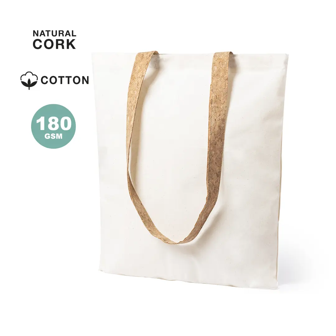 Tote de algodón de 180 GSM en color crudo con asas de corcho natural