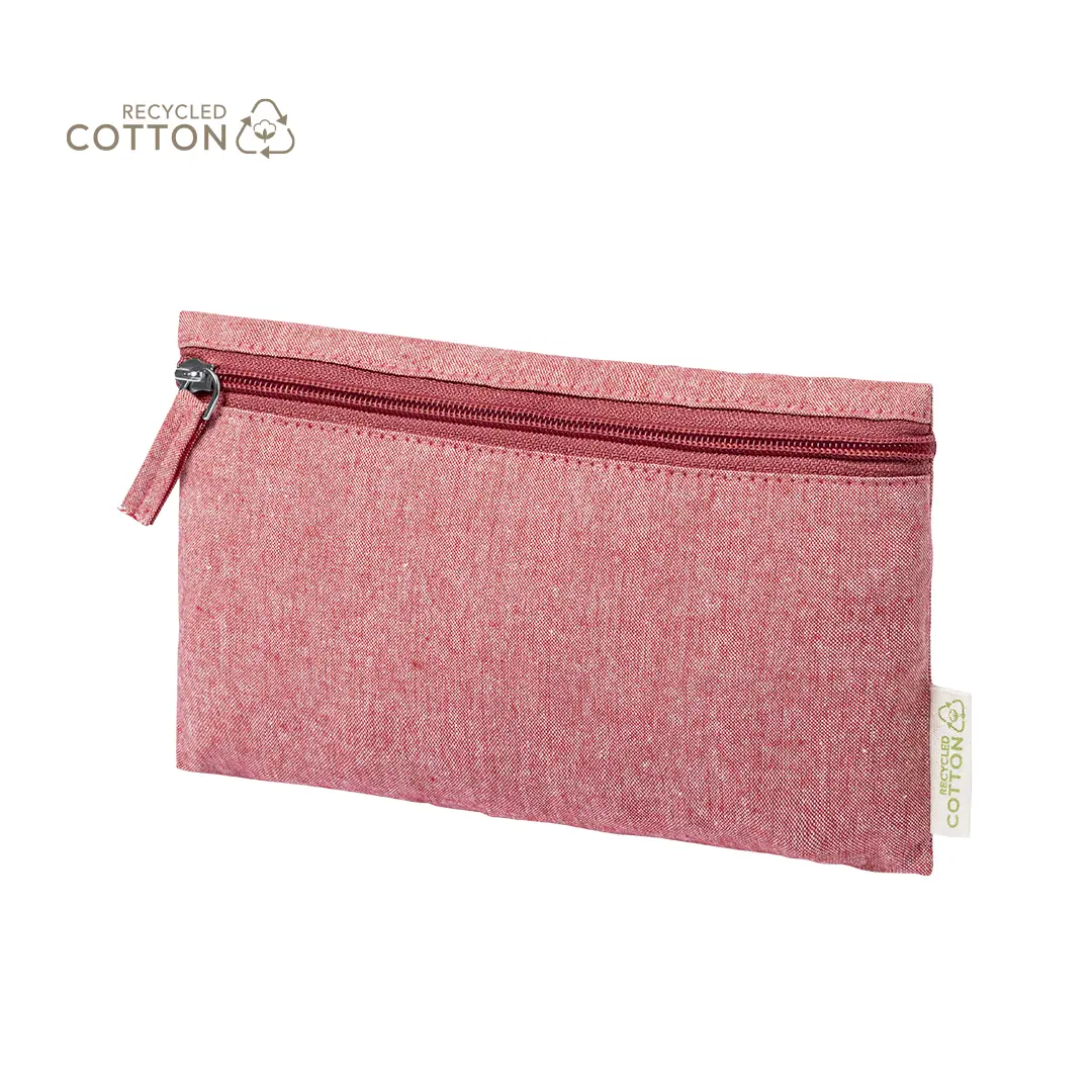 estuche rectangular rosa de algodón reciclado con cremallera roja sobre fondo blanco
