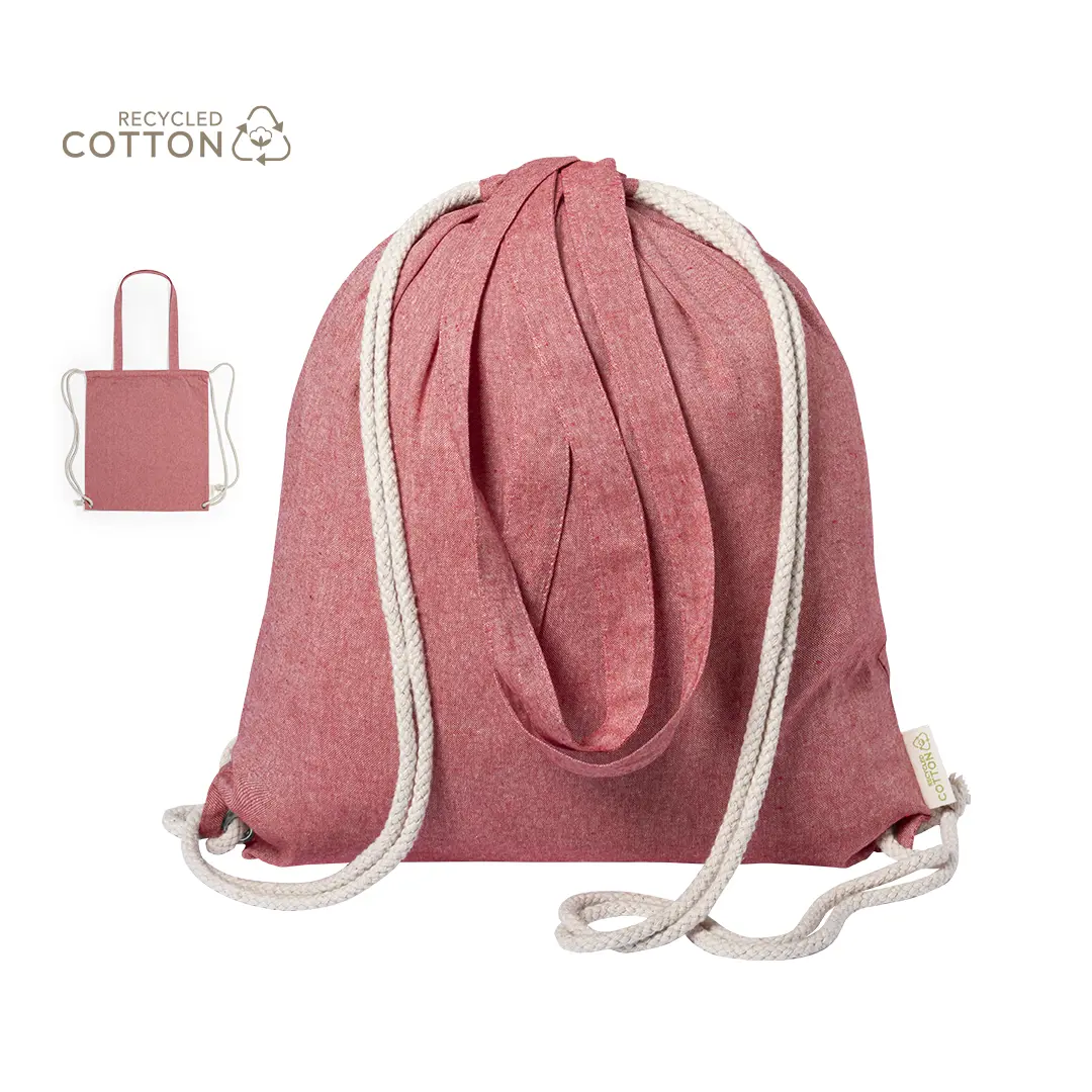 Mochila saco rosa de algodón reciclado con cordones blancos