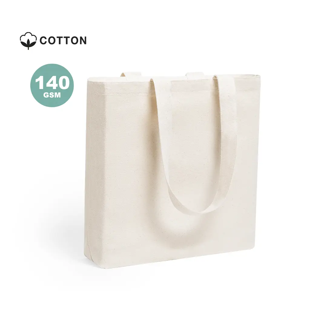 Bolsa tote de algodón natural 140 GSM con asas largas, fondo cuadrado y color crudo.