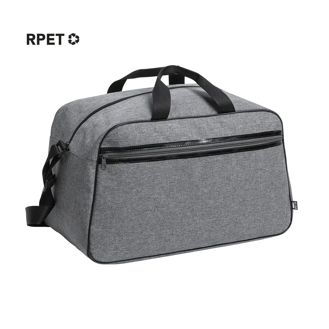 bolsa de viaje gris de tejido RPET con asa doble y bolsillo con cremallera frontal