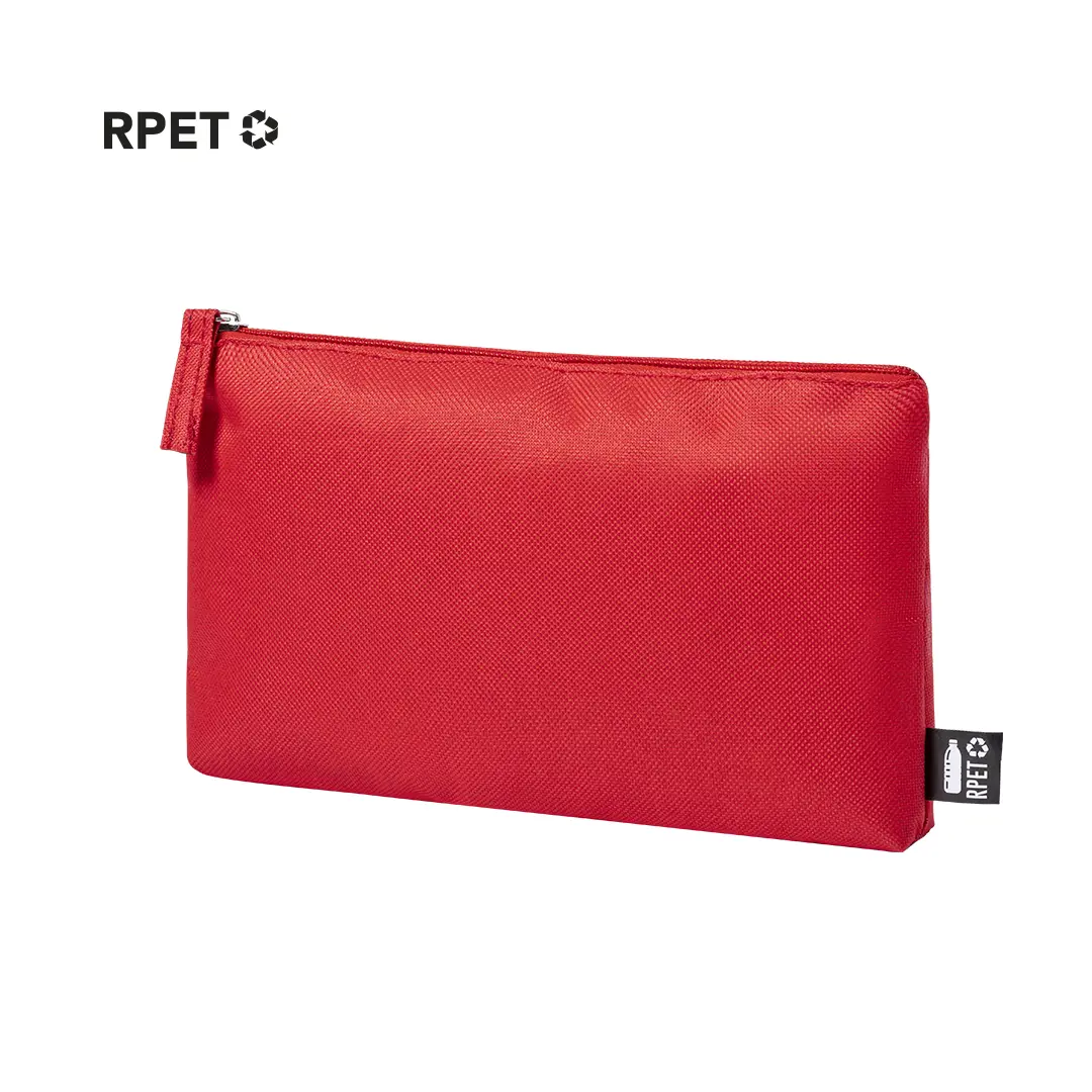 Estuche rectangular rojo de poliéster RPET con cremallera sobre fondo blanco