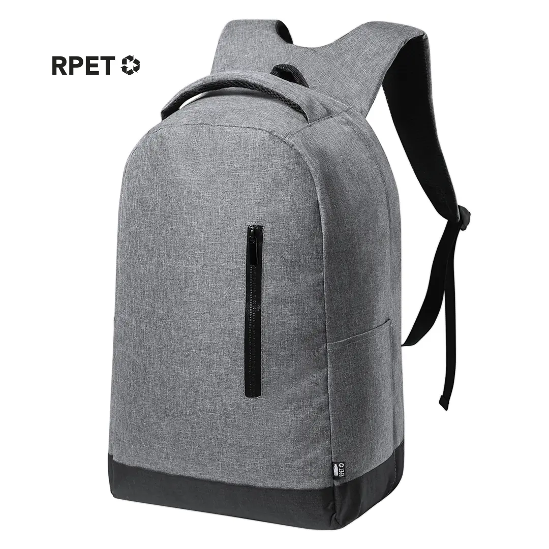 mochila gris de tejido RPET con cremallera vertical frontal y bolsillo lateral