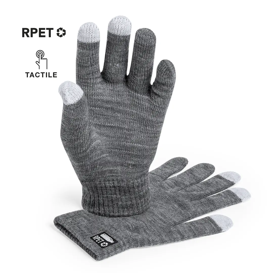 Guantes grises de tejido RPET con puntas táctiles en los dedos.