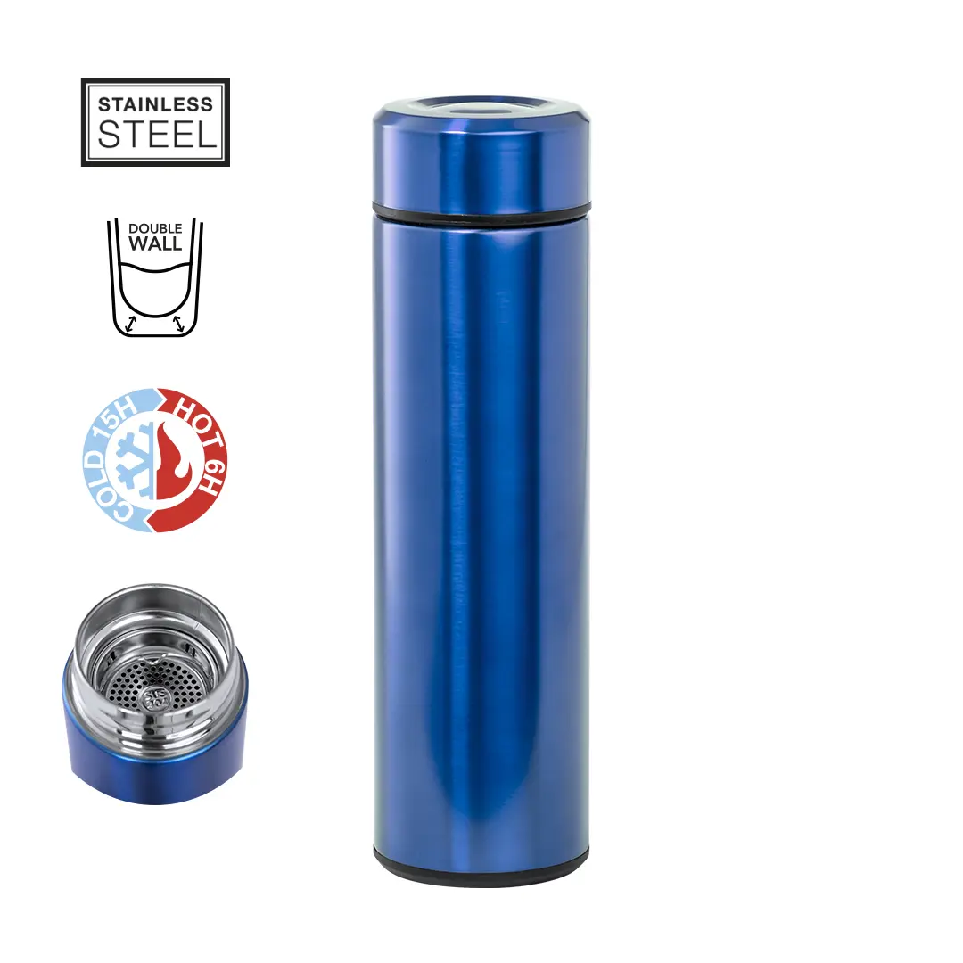 termo azul de acero inoxidable con doble pared y filtro extraíble para infusiones