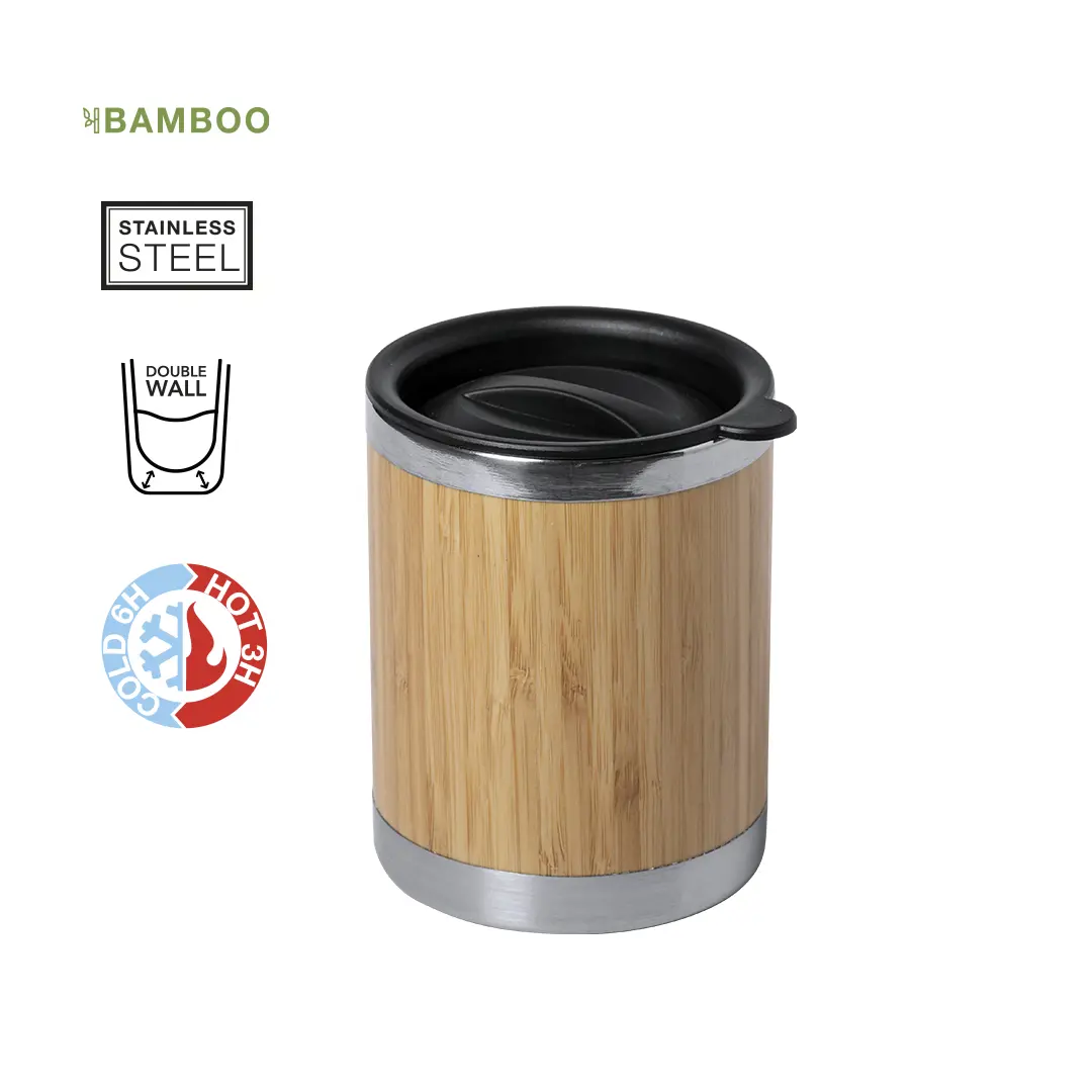 Vaso térmico de bambú con revestimiento de acero inoxidable de doble pared y tapa deslizante