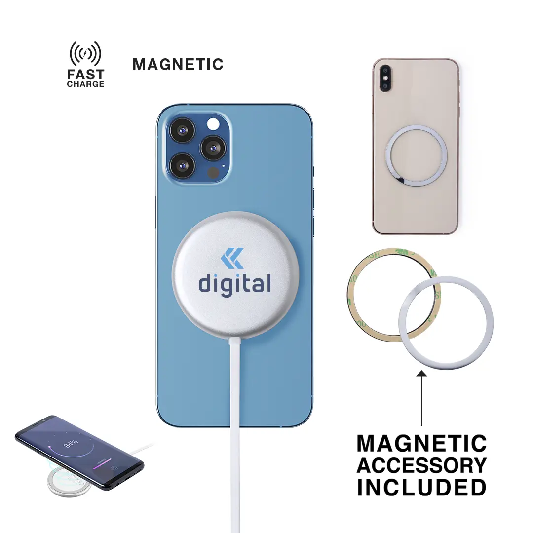 cargador inalámbrico magnético de carga rápida colocado en un smartphone azul con anillo metálico accesorio incluido